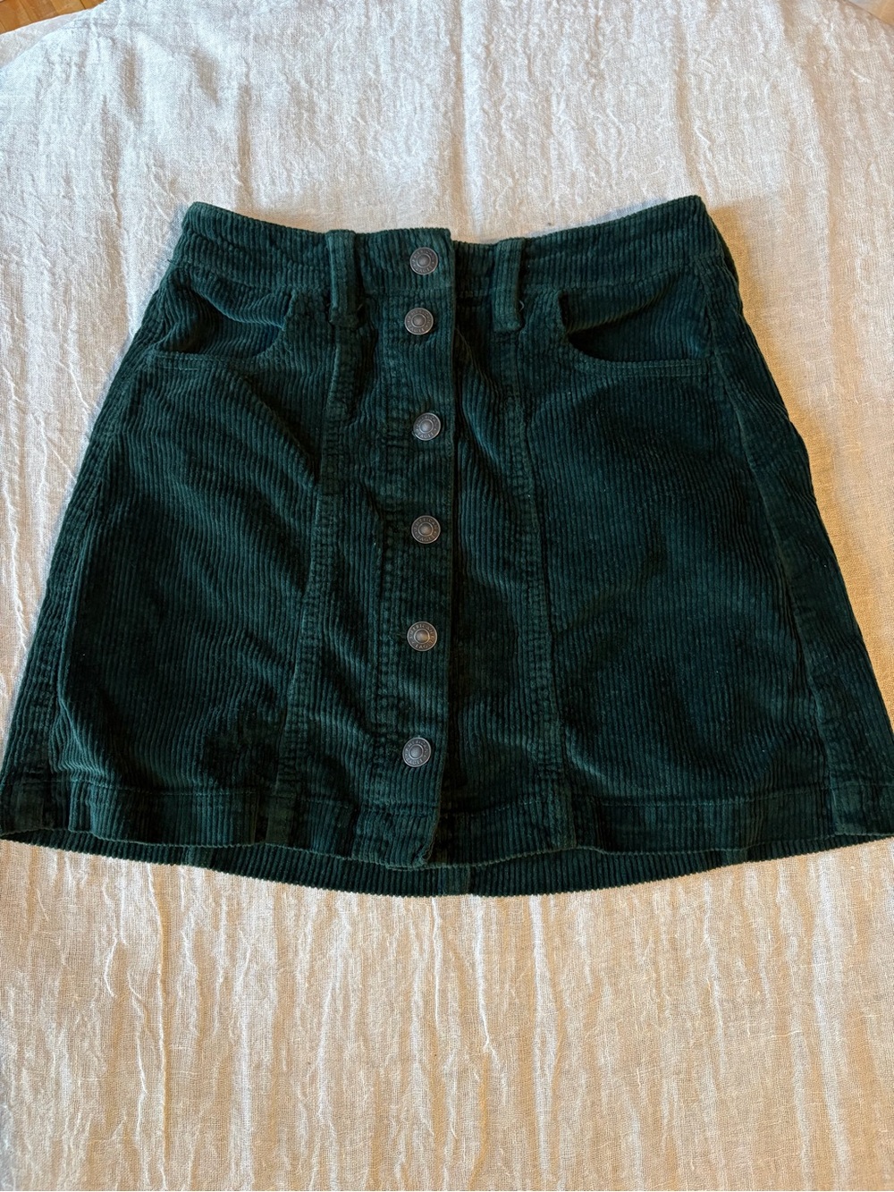 American Eagle Outfitters Dark Green Corduroy Button-Front A-Line Skirt